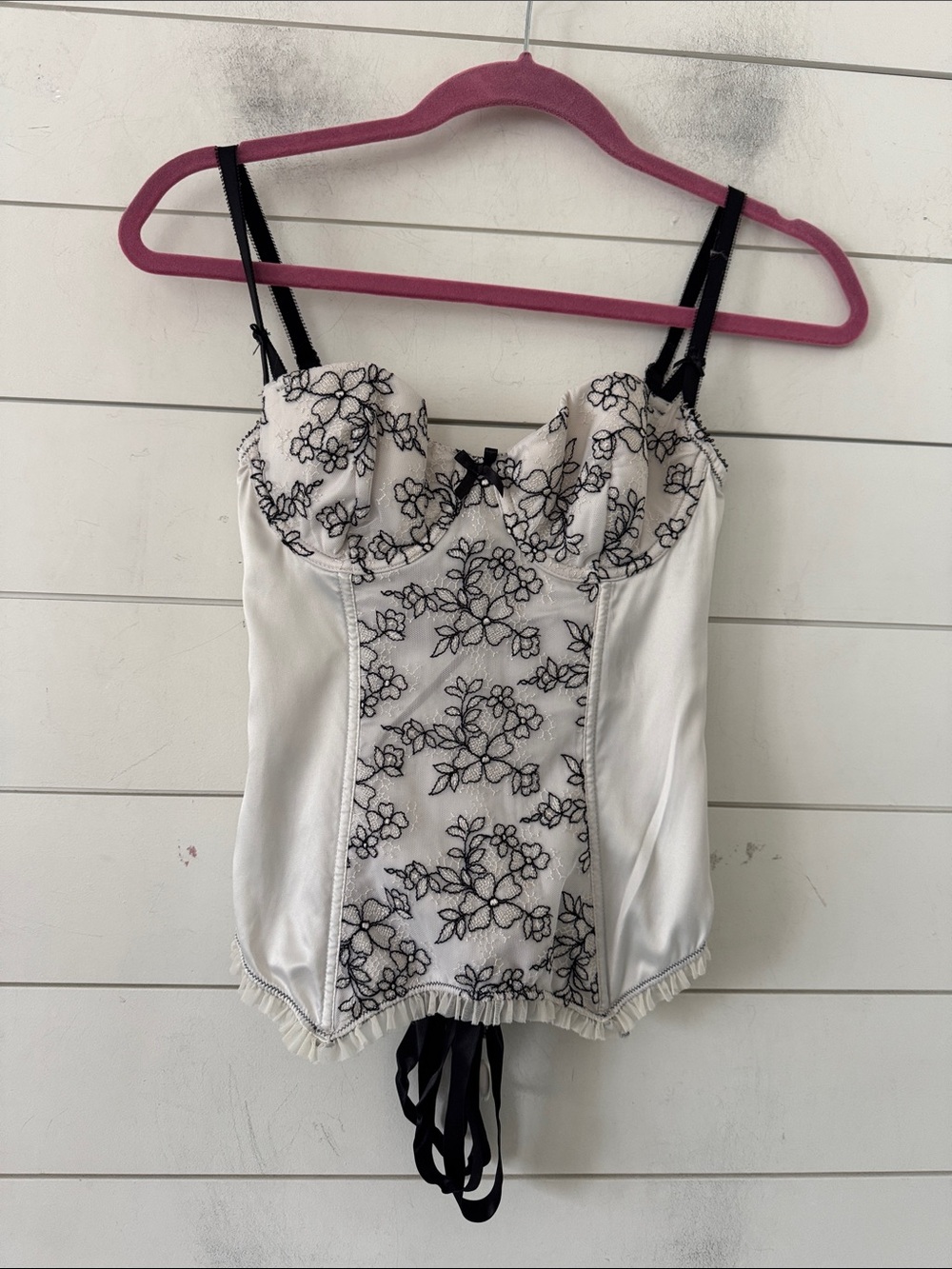 Victoria Secret Size 34B Satin Boned Bustier Corset W/ net embroidered flowers